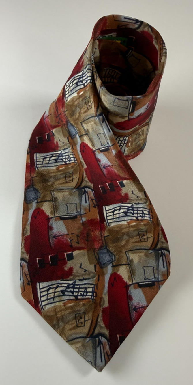 J. Garcia 100% Silk Tie Abstract Music Notes Artistic Brown Red Men's Necktie